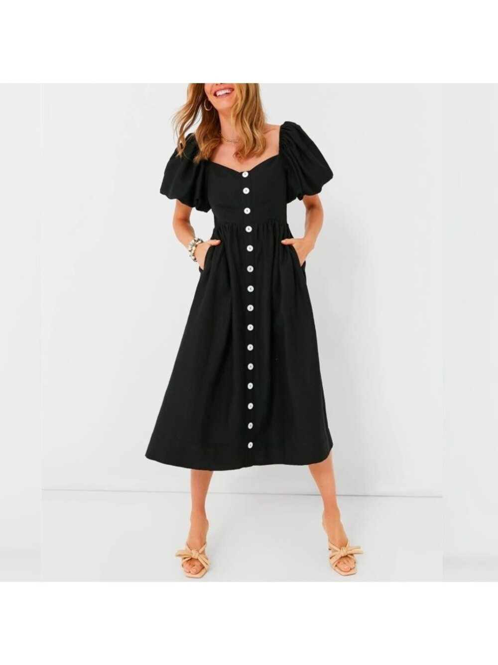 Pomander Place x Tuckernuck XXL Black Button Front Puff Sleeve Midi Dress Women